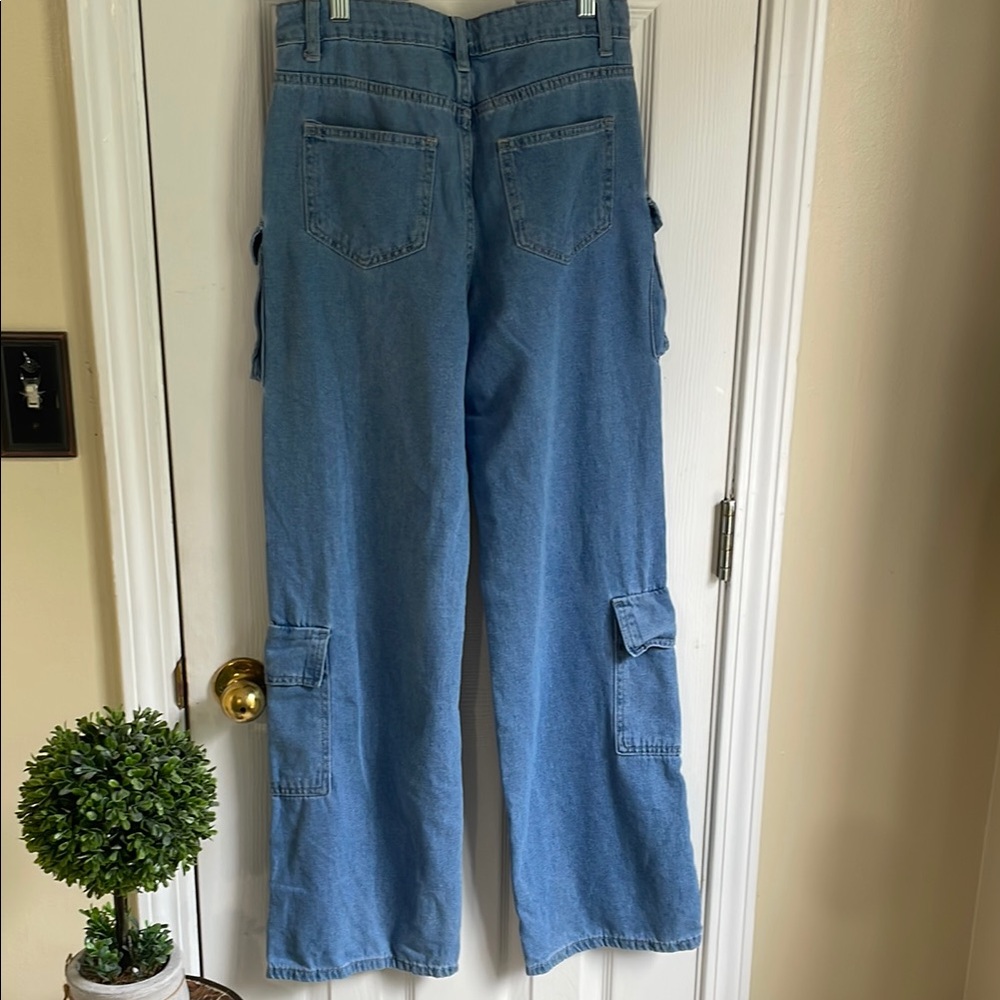 Blue Wide Leg Cargo Flare Jeans - Picture 5 of 5